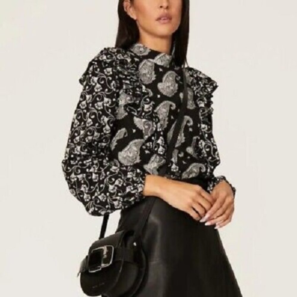 Ted Baker black white Paisley high neck Waterfall Frill ruffle long sleeve top 0